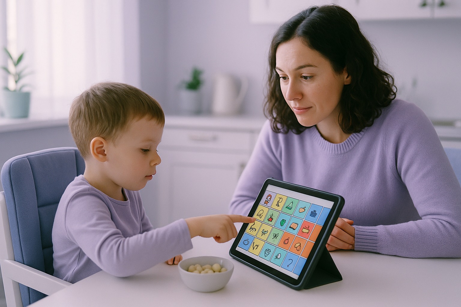 A child chooses a snack on a picture-symbol tablet while a caregiver listens