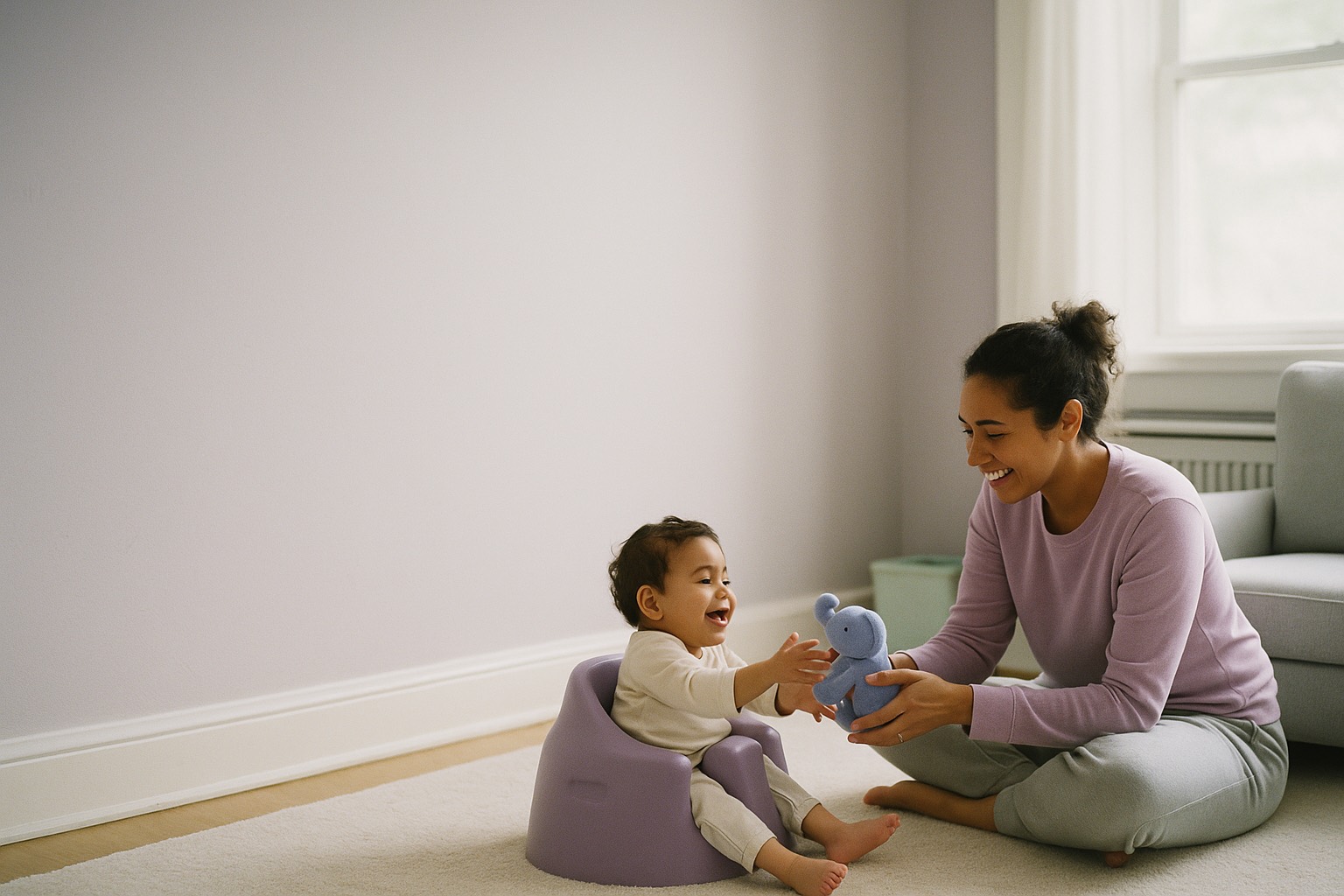 A parent plays on the floor with a toddler who sits in a small supportive seat