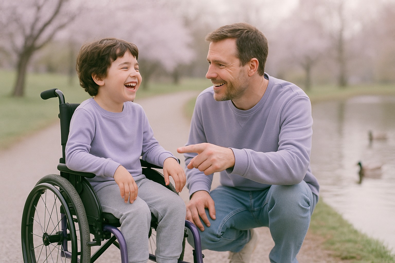 A child in a wheelchair laughs with a parent on a park path